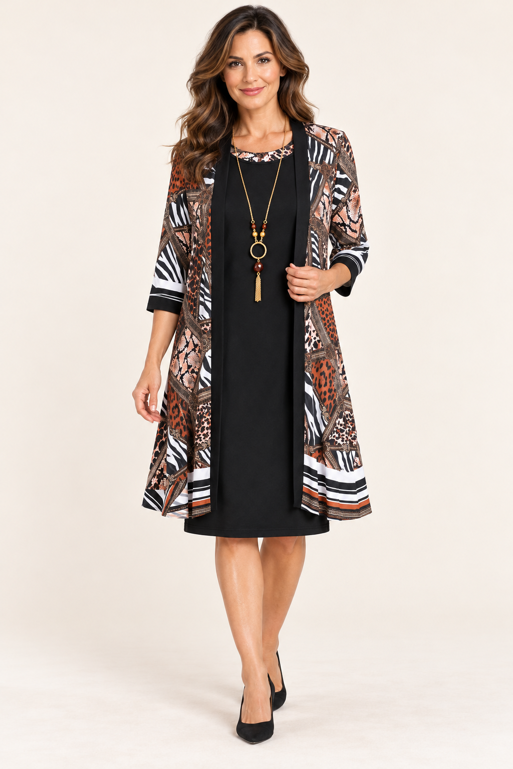 Women’s Black Dress & Animal Print Cardigan Set – Large