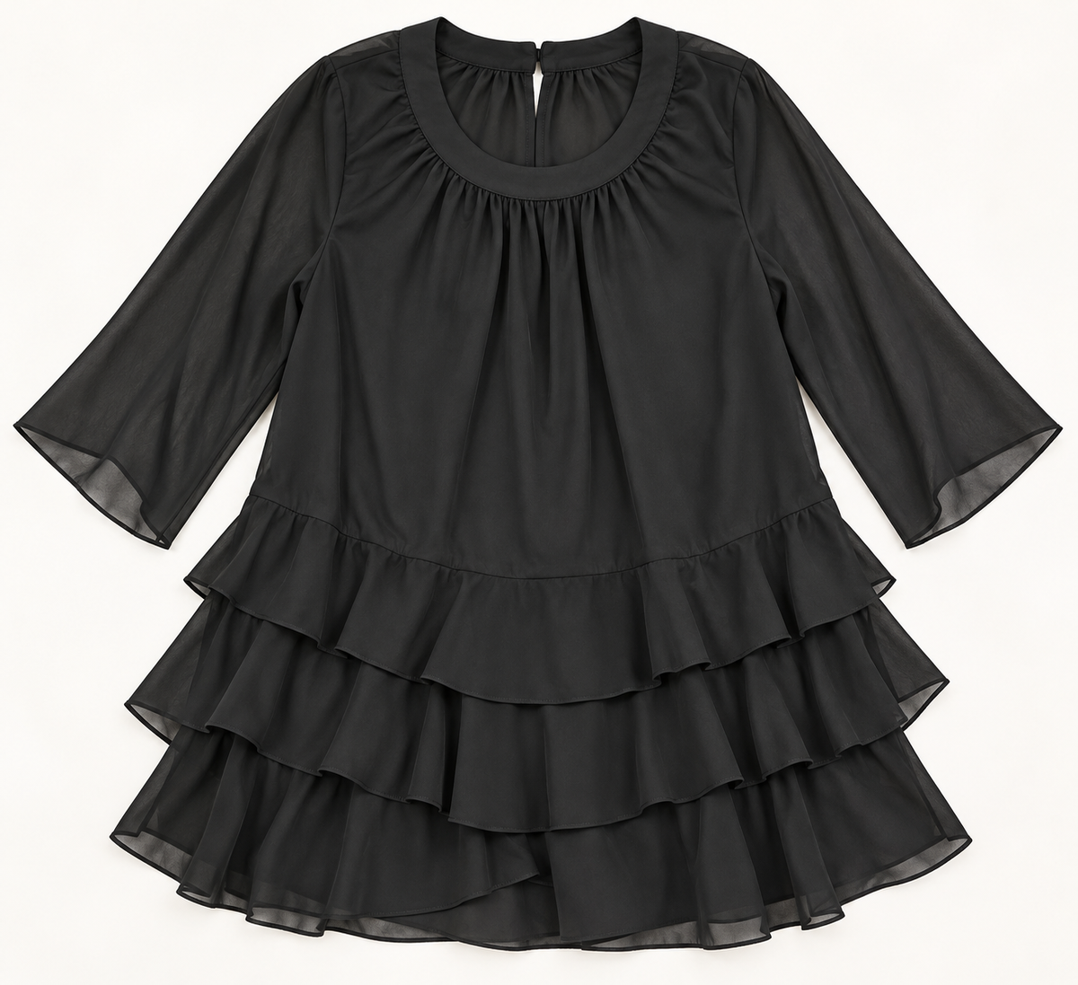 Black Chiffon Tiered Ruffle Tunic Blouse with 3/4 Sleeves - XL
