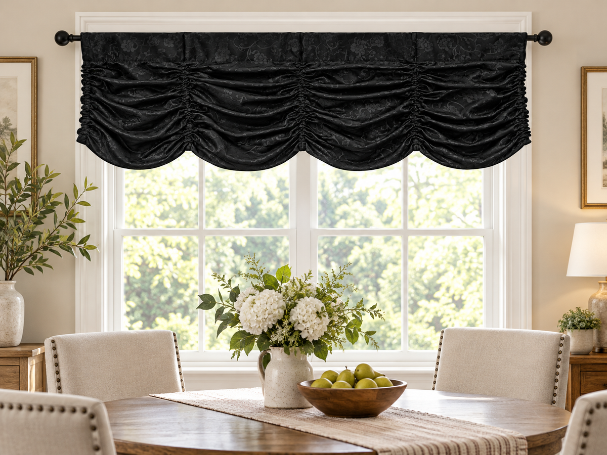 Black Floral Jacquard Scalloped Curtain Valance – 54″ × 15″