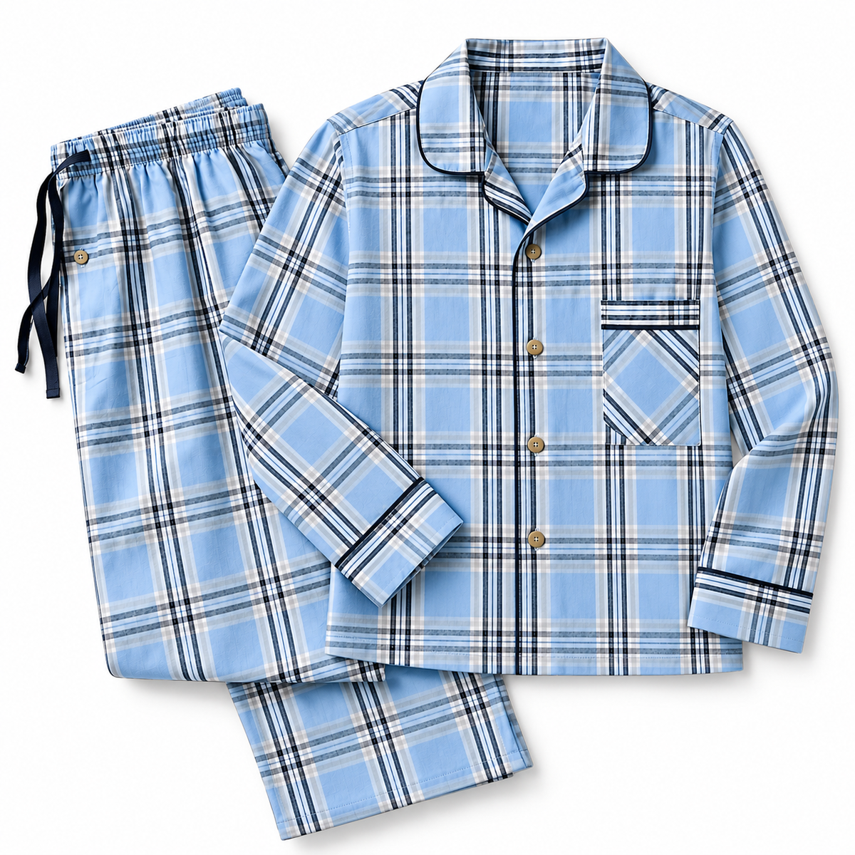 2XL Men's 2-Piece Blue Plaid Pajama Set – Long Sleeve Button-Up Sleepwear & Matching Pants