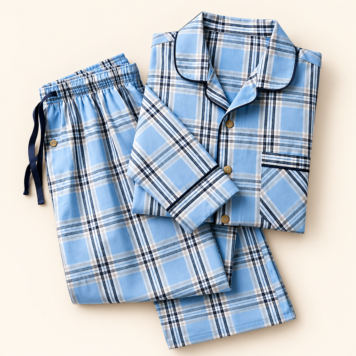 2XL Men's 2-Piece Blue Plaid Pajama Set – Long Sleeve Button-Up Sleepwear & Matching Pants