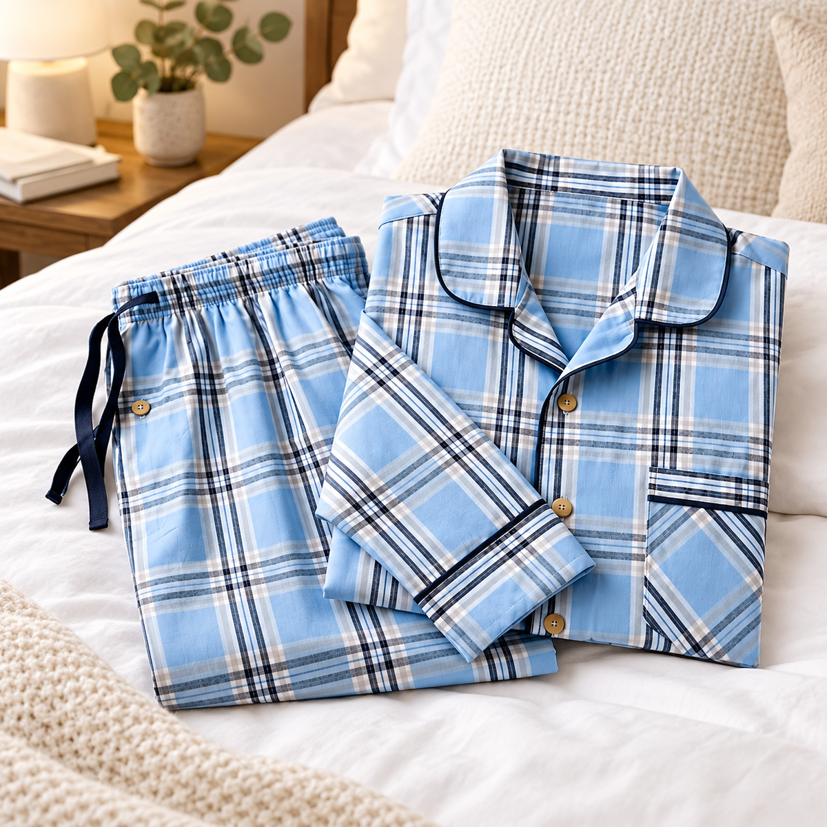 2XL Men's 2-Piece Blue Plaid Pajama Set – Long Sleeve Button-Up Sleepwear & Matching Pants