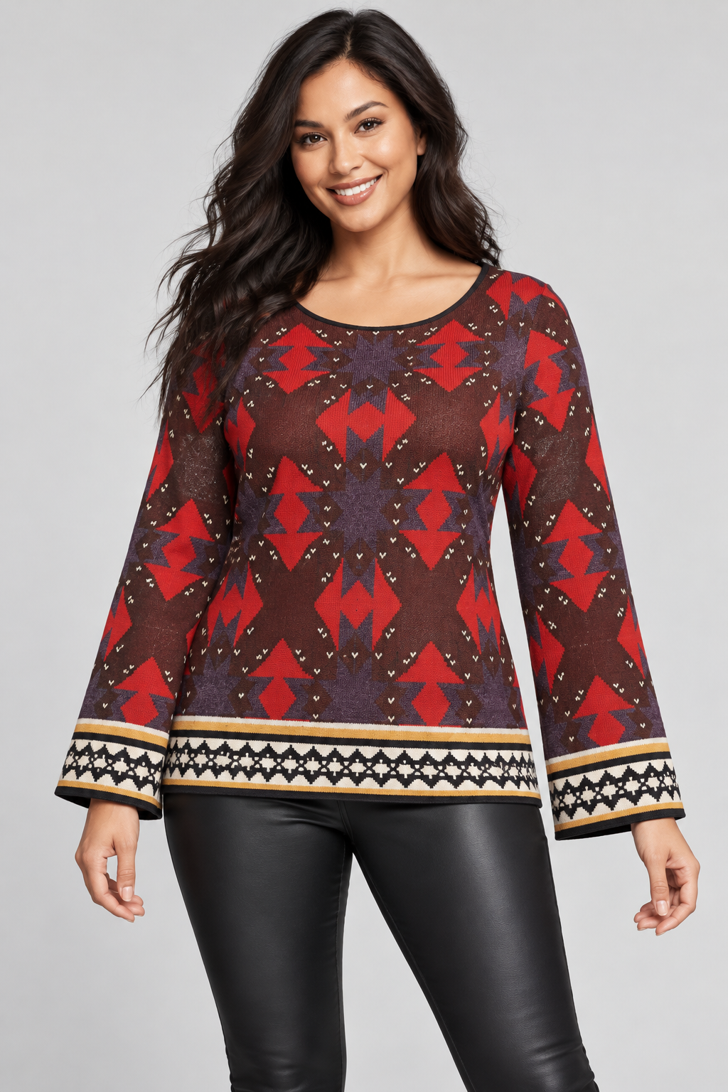 Women’s Ingrid Southwestern Printed Sweater – Flared Sleeves - XL