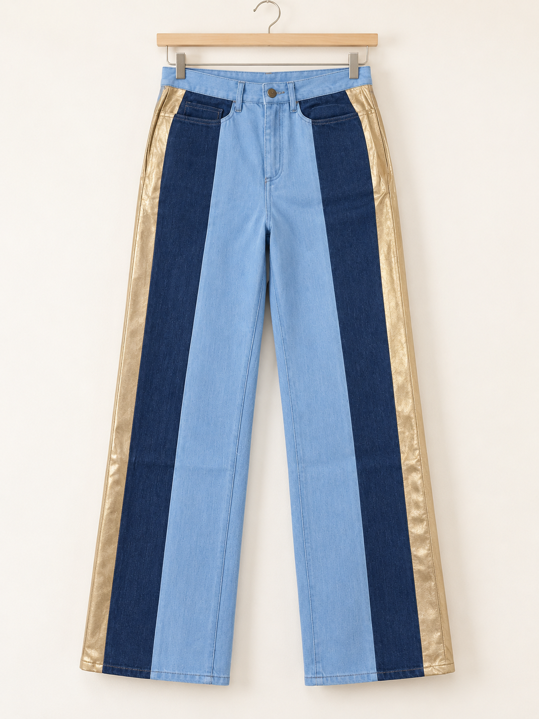 Women’s Two-Tone Blue Denim Pants with Gold Side Stripes – Size 10
