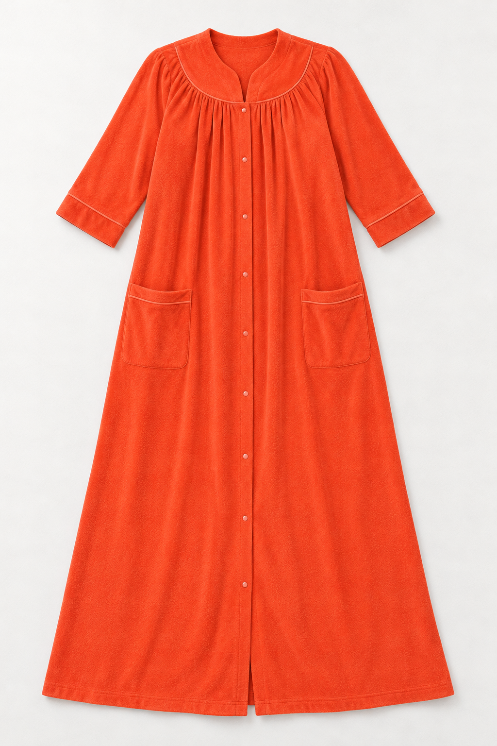Women’s Long Snap-Front Terry Robe – Coral Red – Size Medium