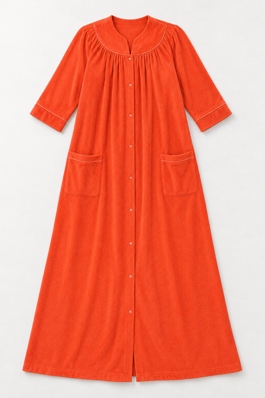Women’s Long Snap-Front Terry Robe – Coral Red – Size Medium