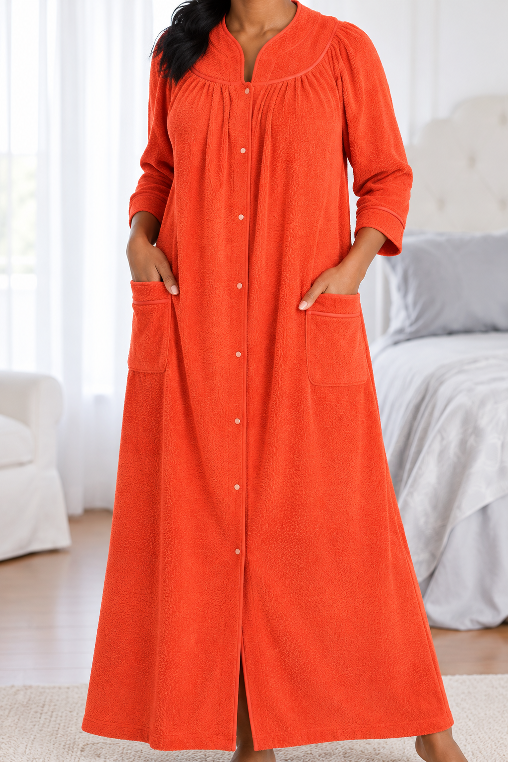 Women’s Long Snap-Front Terry Robe – Coral Red – Size Medium