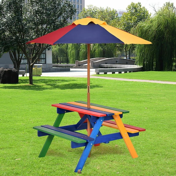 4 Seat Kids Picnic Table w/Umbrella Garden Yard Folding Children Bench Outdoor