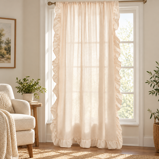 Cream Beige Sheer Ruffled Curtain Panel – 40″ × 63″ – Rod Pocket