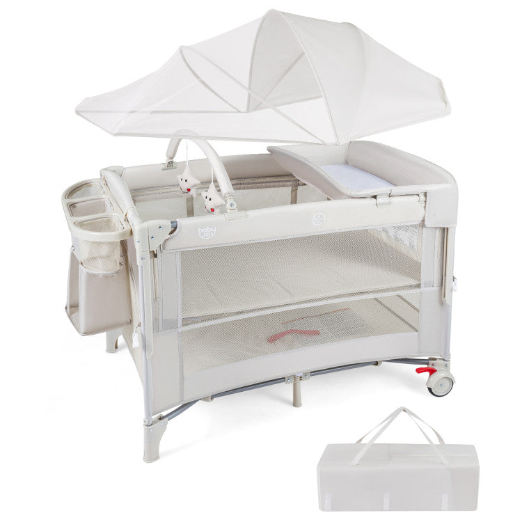 Light Green - Foldable Baby Bassinet with 4 Adjustable Heights Changing Table and Mattress