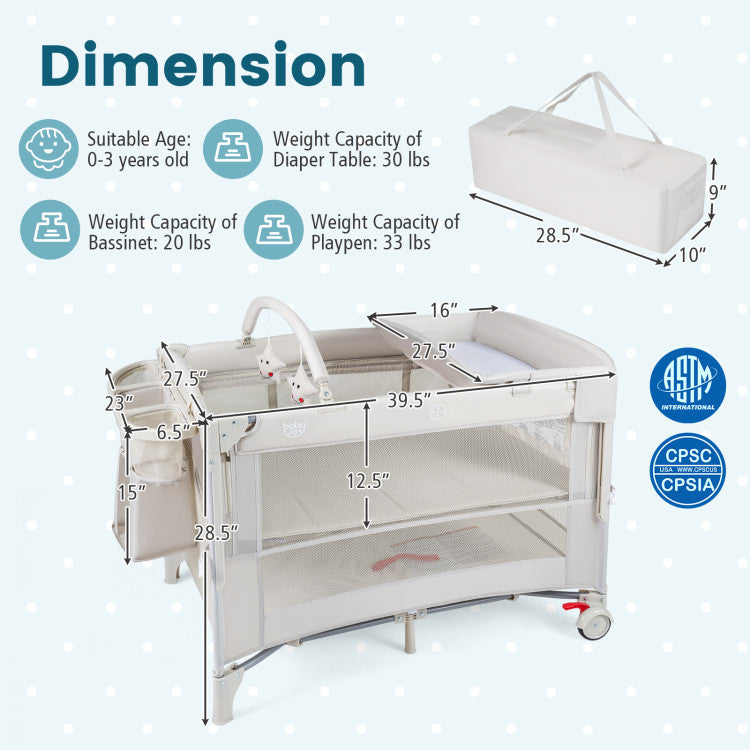 Light Green - Foldable Baby Bassinet with 4 Adjustable Heights Changing Table and Mattress