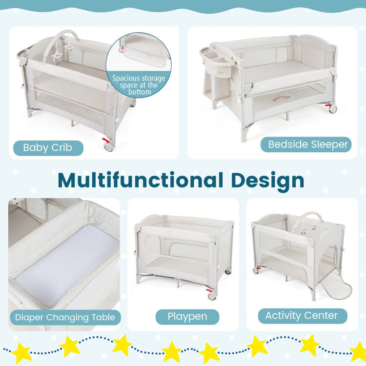Light Green - Foldable Baby Bassinet with 4 Adjustable Heights Changing Table and Mattress