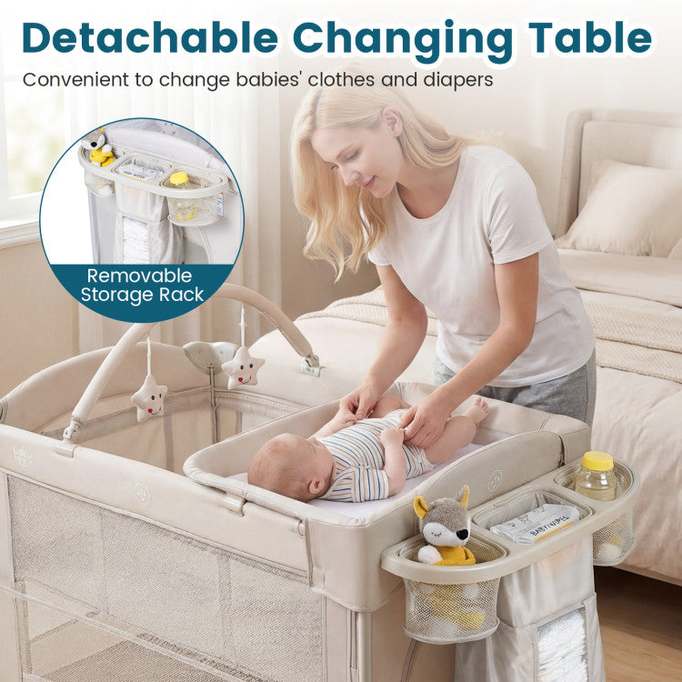 Light Green - Foldable Baby Bassinet with 4 Adjustable Heights Changing Table and Mattress