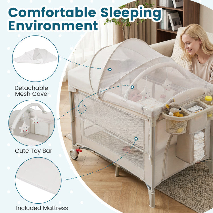 Light Green - Foldable Baby Bassinet with 4 Adjustable Heights Changing Table and Mattress