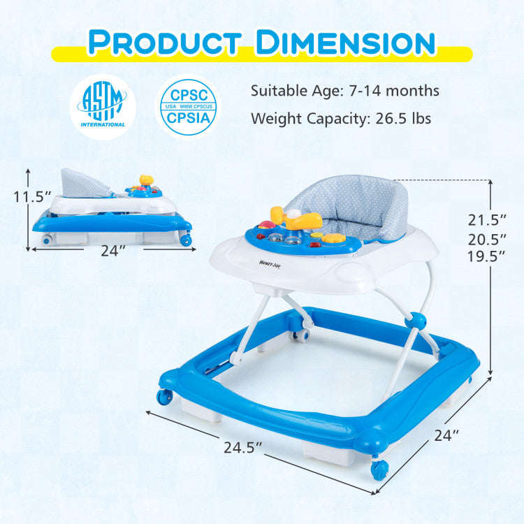 Foldable Baby Walker with 3 Adjustable Heights and Padded Seat