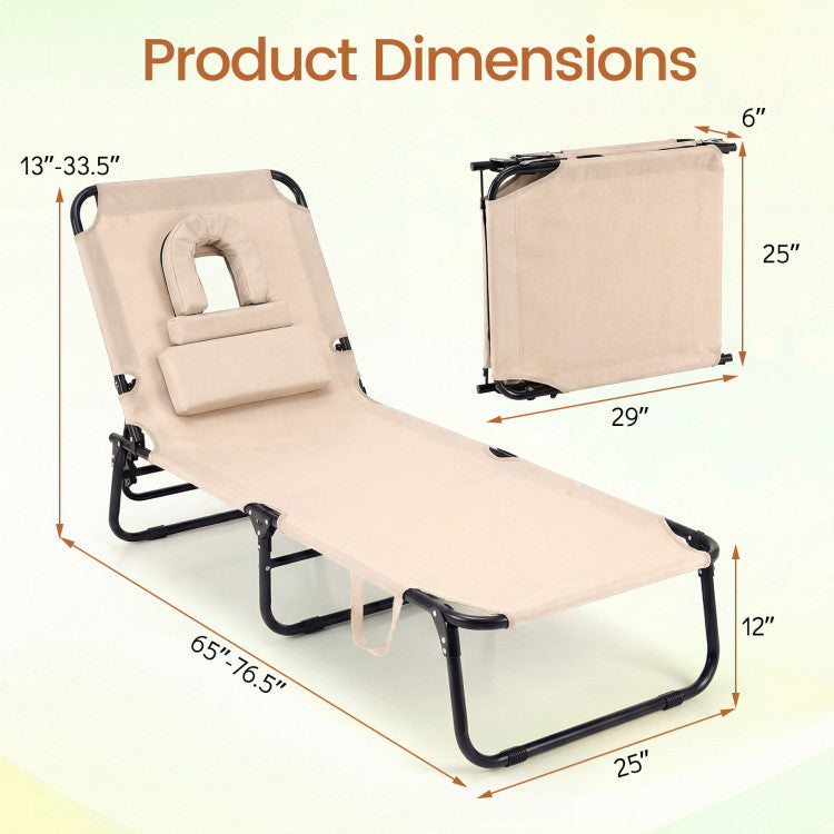 Folding Face Down Tanning Chair with Face Hole 3 Removable Pillows