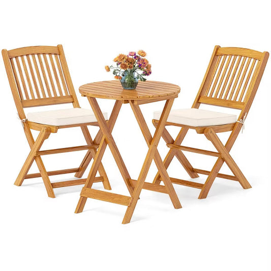 Costway 3 PCS Acacia Wood Patio Bistro Set Folding Table & Chairs Set with Cushions Beige Costway