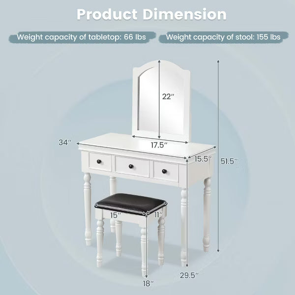 Vanity Table Set Makeup Desk Cushioned Stool 3 Drawer Large Mirror White