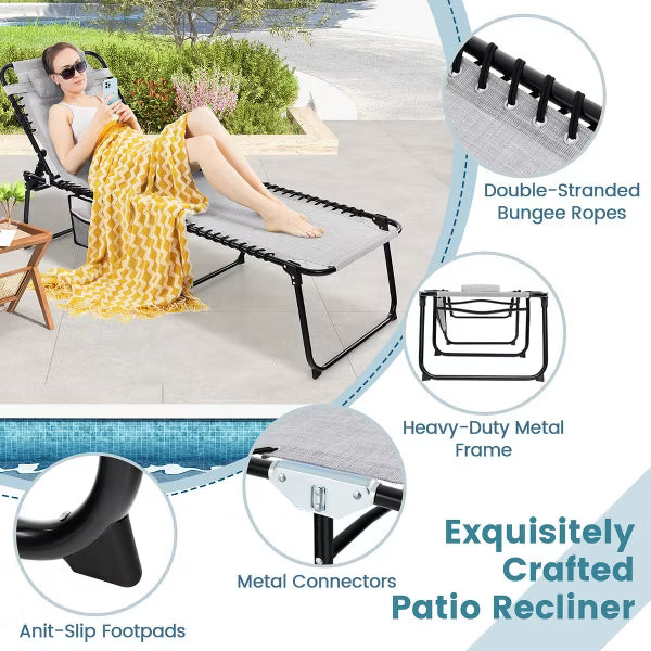 Patio Folding Chaise Lounge Chair Portable Sun Lounger with Adjustable Backrest Gray