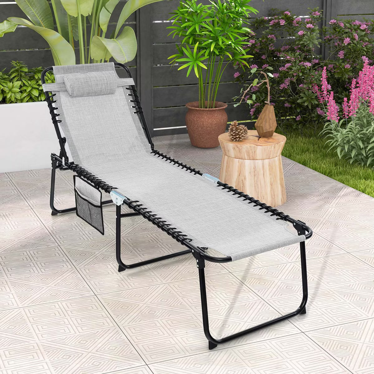 Patio Folding Chaise Lounge Chair Portable Sun Lounger with Adjustable Backrest Gray