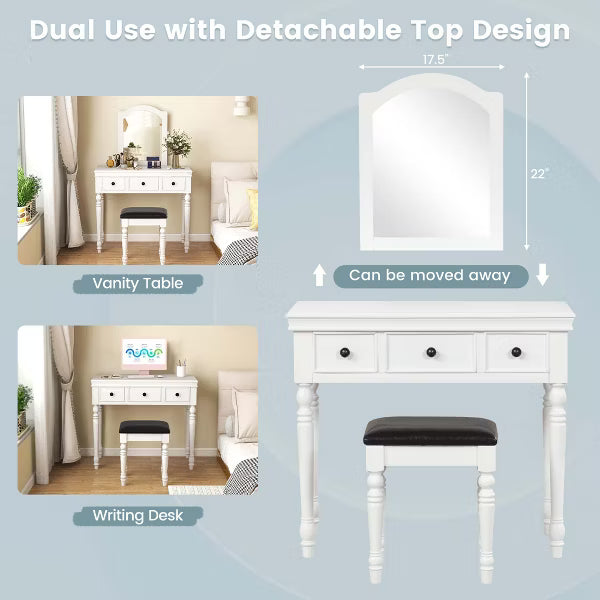 Vanity Table Set Makeup Desk Cushioned Stool 3 Drawer Large Mirror White
