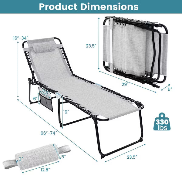 Patio Folding Chaise Lounge Chair Portable Sun Lounger with Adjustable Backrest Gray