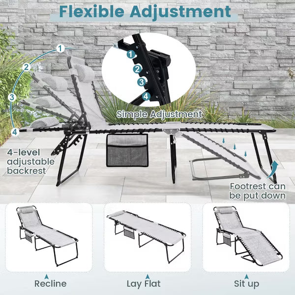 Patio Folding Chaise Lounge Chair Portable Sun Lounger with Adjustable Backrest Gray