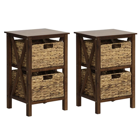 2 PCS 2-Tier Nightstand with 2 Seagrass Baskets Rubber Wood X-Shaped Frames 2 Drawers