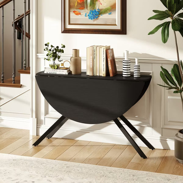 Folding Dining Table 47" Extendable Round Kitchen Table w/Drop Leaves for Home Black