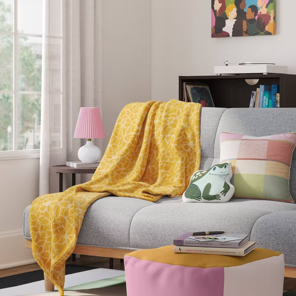 Yellow Floral Printed Plush Throw Blanket Room Essentials