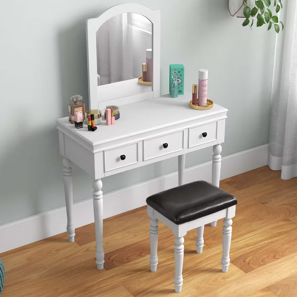 Vanity Table Set Makeup Desk Cushioned Stool 3 Drawer Large Mirror White