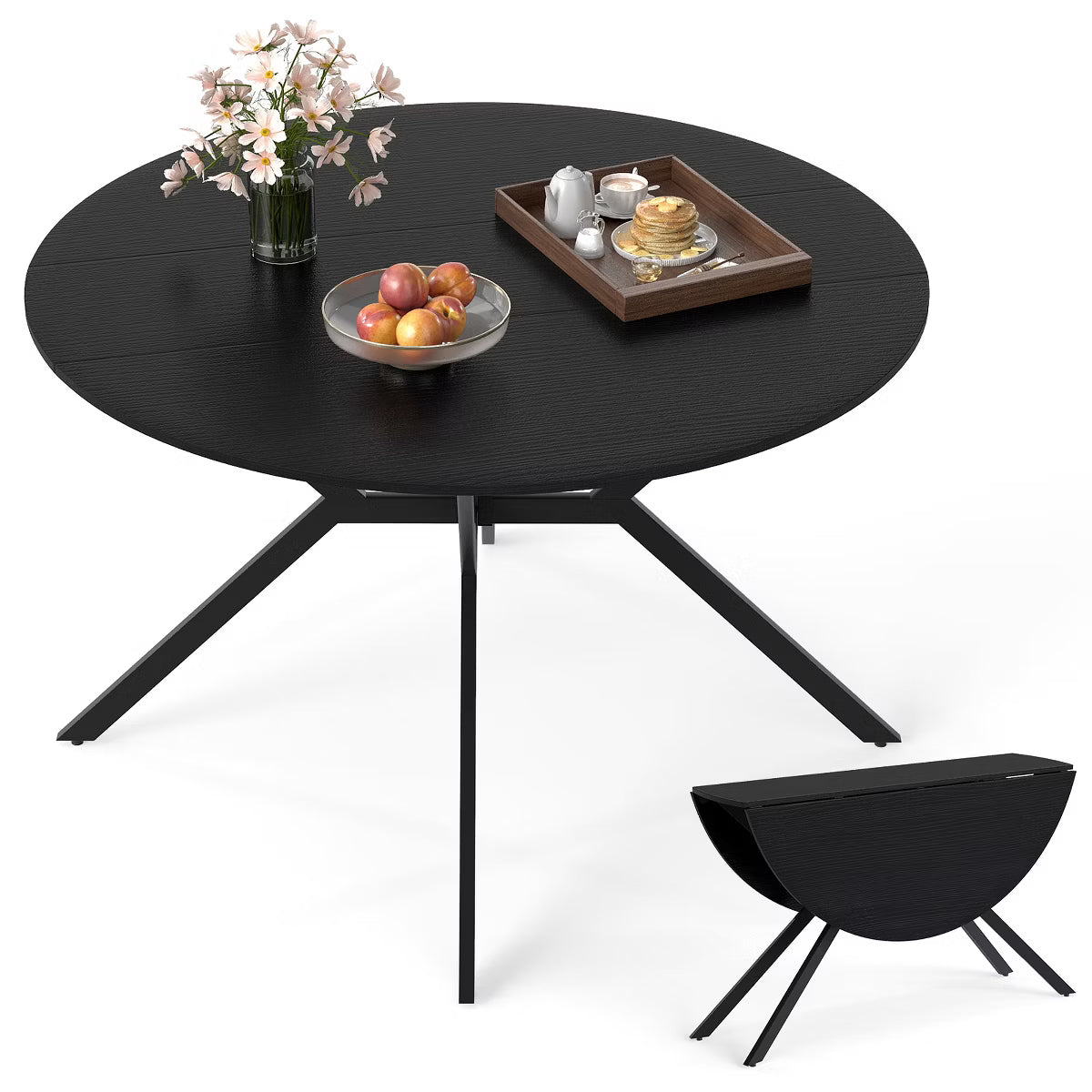 Folding Dining Table 47" Extendable Round Kitchen Table w/Drop Leaves for Home Black