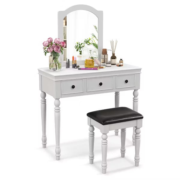 Vanity Table Set Makeup Desk Cushioned Stool 3 Drawer Large Mirror White