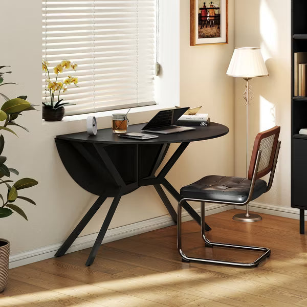 Folding Dining Table 47" Extendable Round Kitchen Table w/Drop Leaves for Home Black