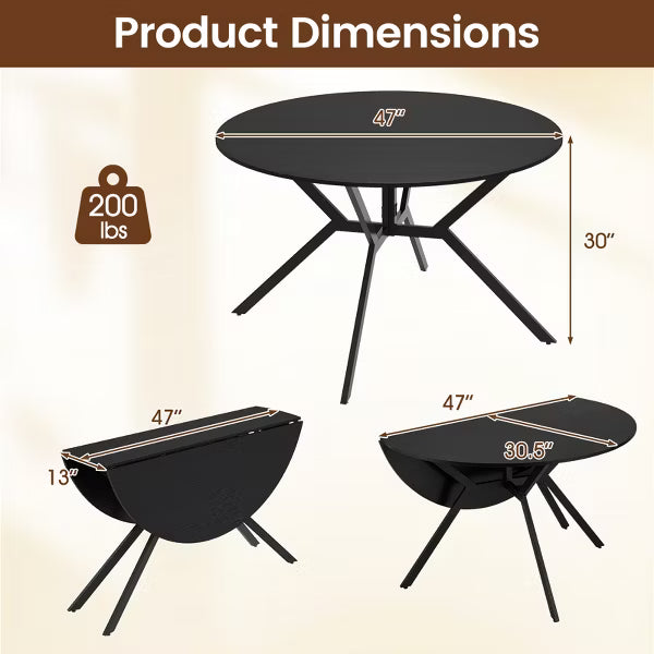 Folding Dining Table 47" Extendable Round Kitchen Table w/Drop Leaves for Home Black