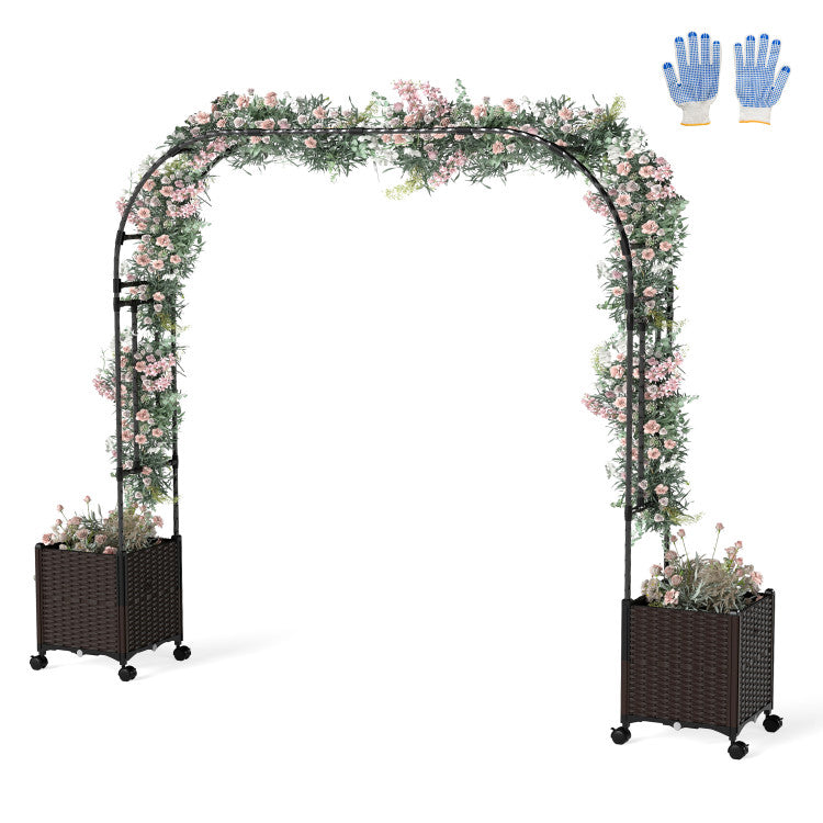 6.6 Feet Garden Arch Trellis with 2 Planter Boxes and Lockable Wheels