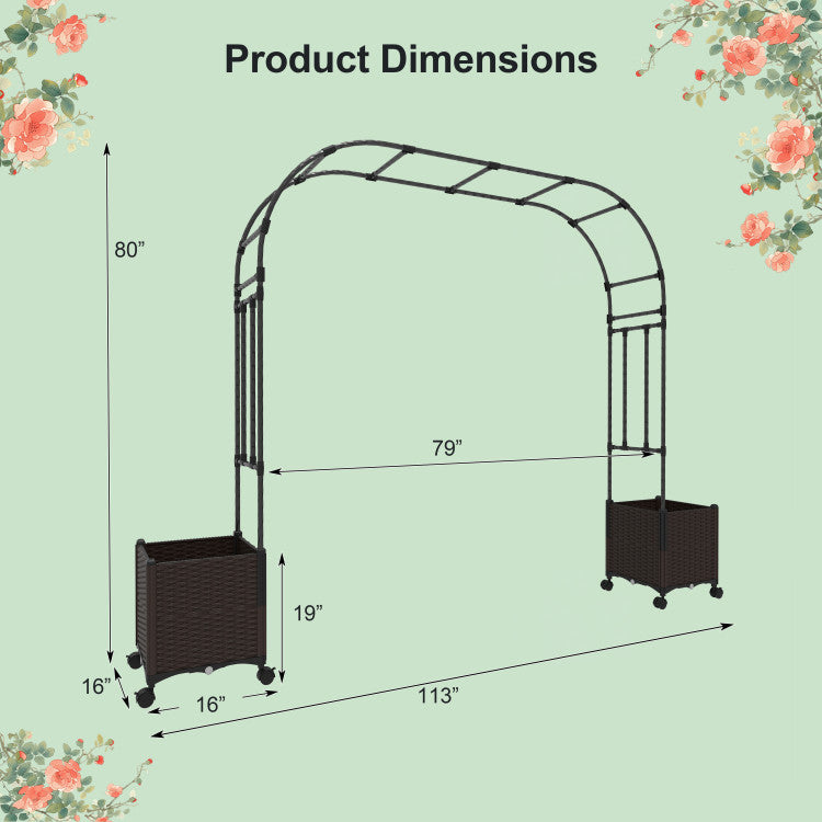 6.6 Feet Garden Arch Trellis with 2 Planter Boxes and Lockable Wheels