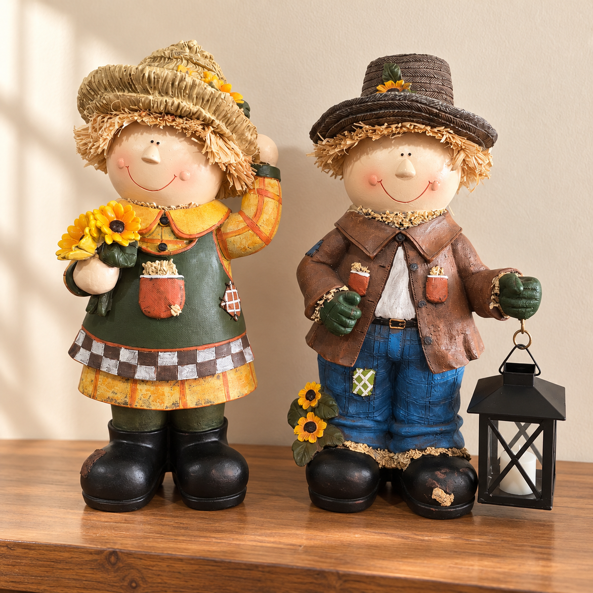 Harvest Scarecrow Couple Figurine Set with Sunflowers & Lantern – Approx. 14" Tall