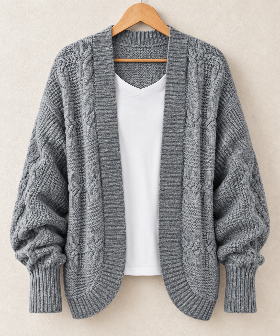 Women’s Gray Cable Knit Open Front Cardigan Sweater – 2XL