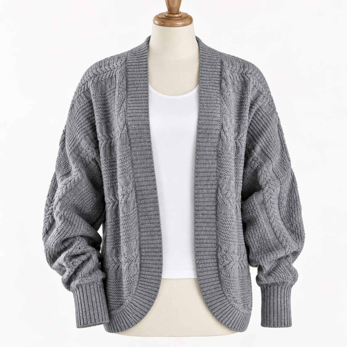 Women’s Gray Cable Knit Open Front Cardigan Sweater – 2XL