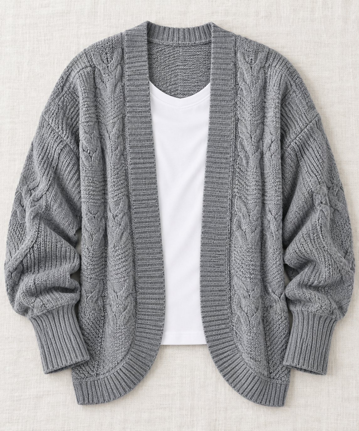 Women’s Gray Cable Knit Open Front Cardigan Sweater – 2XL