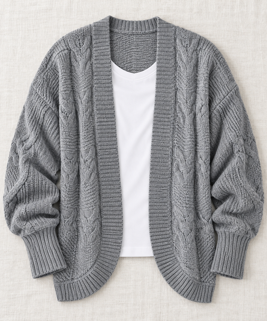Women’s Gray Cable Knit Open Front Cardigan Sweater – 2XL