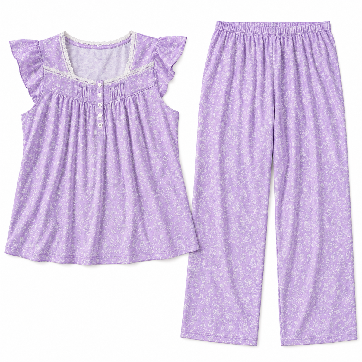 Women’s 3XL Lavender Floral Lace-Trim Pajama Set – 2 Piece