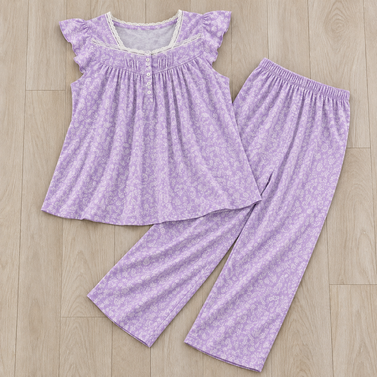 Women’s 3XL Lavender Floral Lace-Trim Pajama Set – 2 Piece