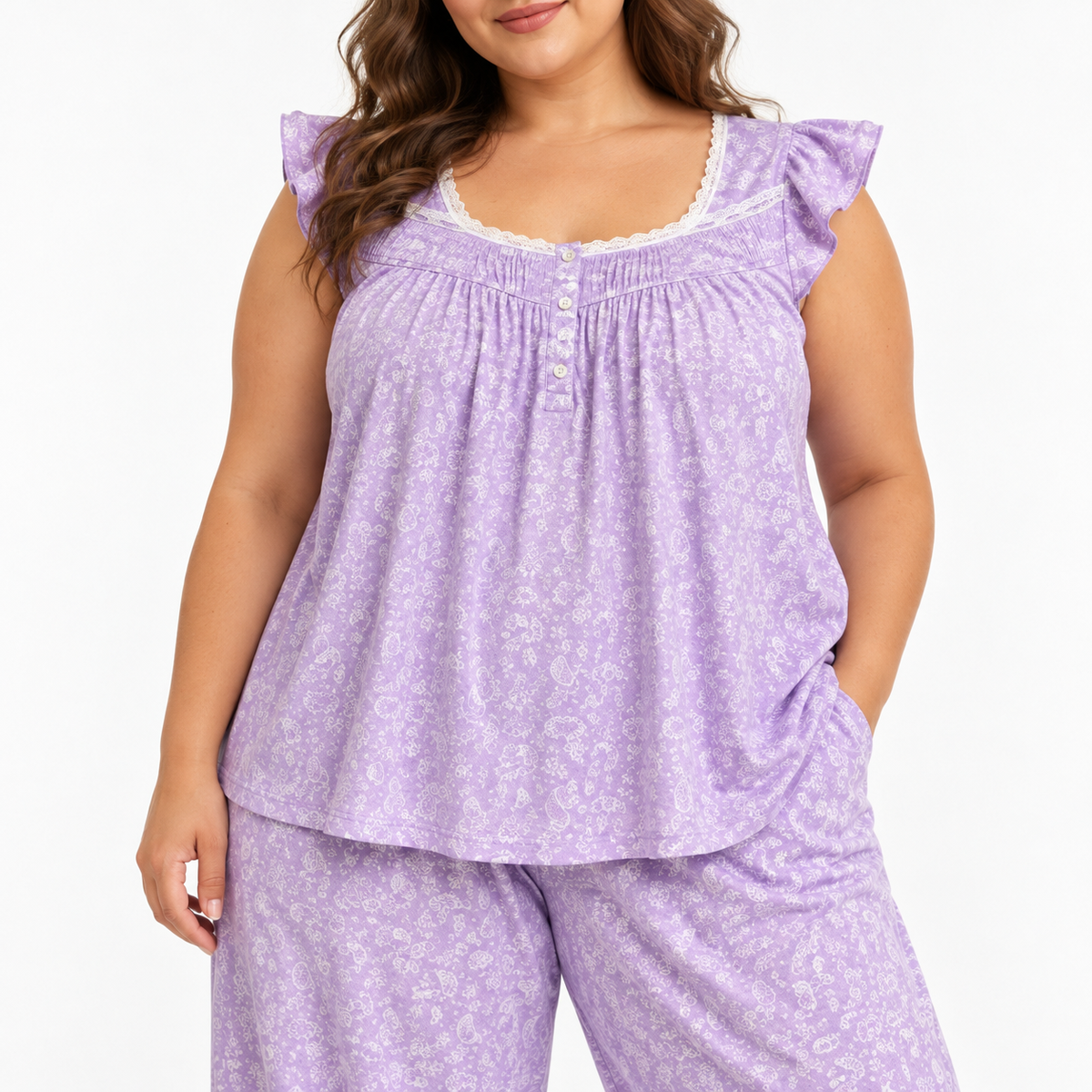 Women’s 3XL Lavender Floral Lace-Trim Pajama Set – 2 Piece