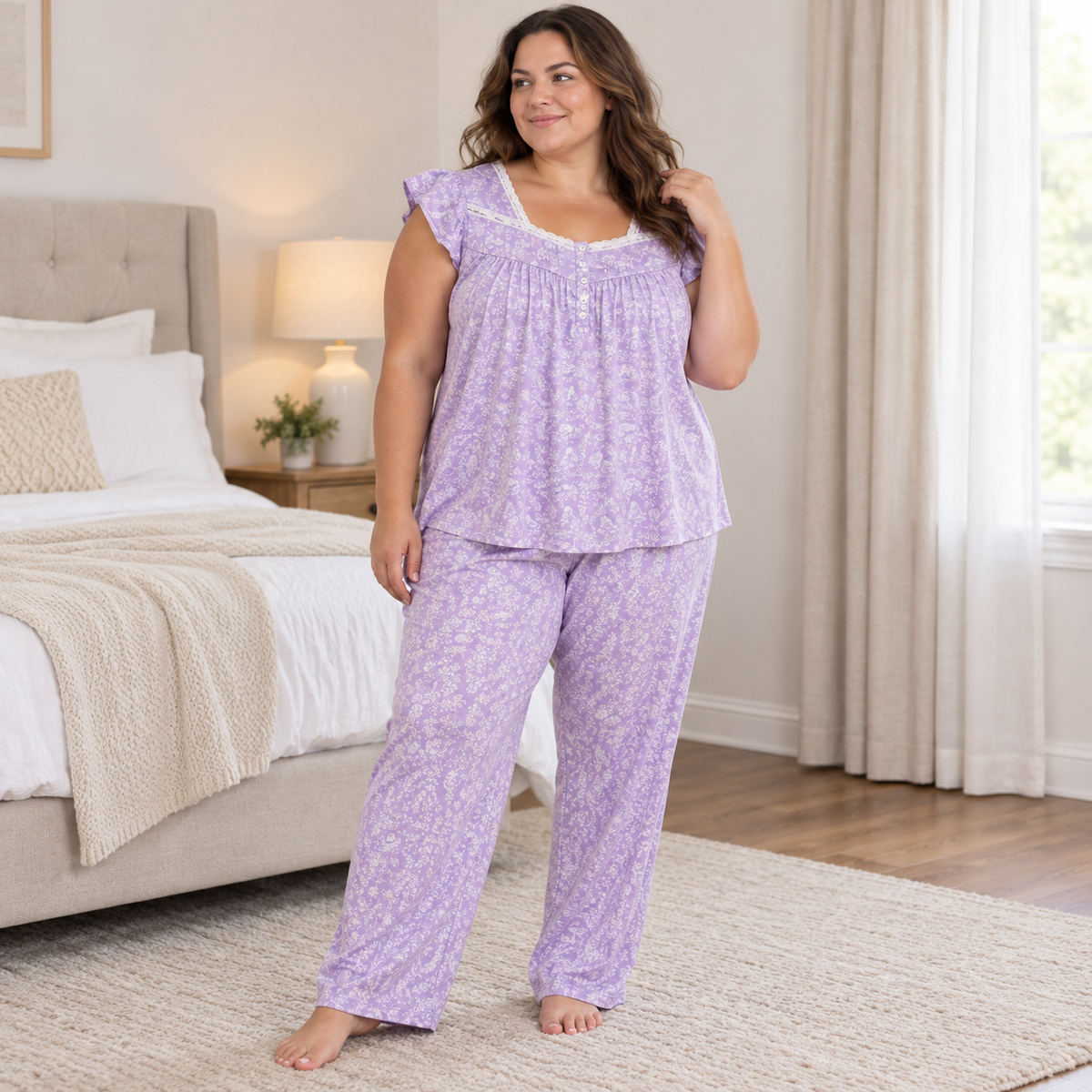 Women’s 3XL Lavender Floral Lace-Trim Pajama Set – 2 Piece