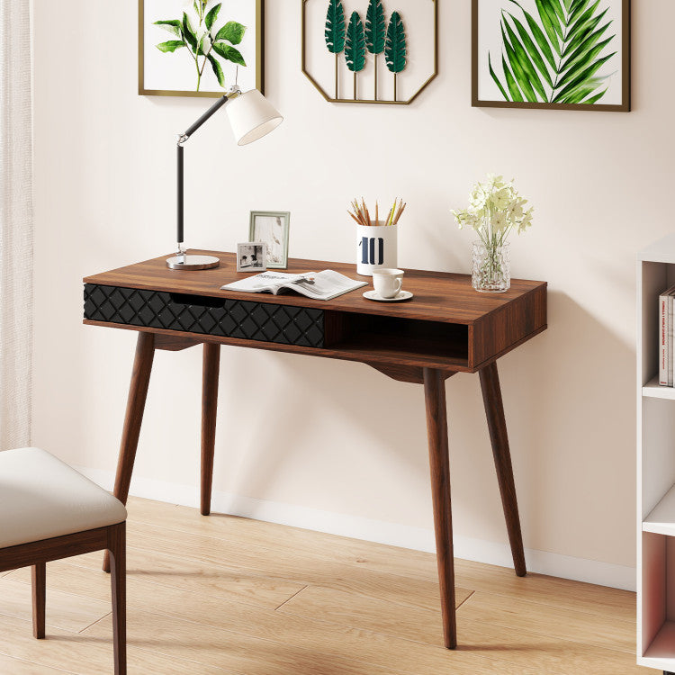 Costway Mid-Century Desk - Drawer & Open Storage Compartment