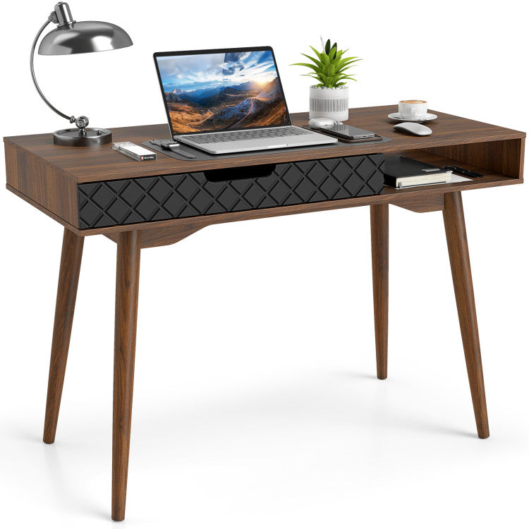 Costway Mid-Century Desk - Drawer & Open Storage Compartment