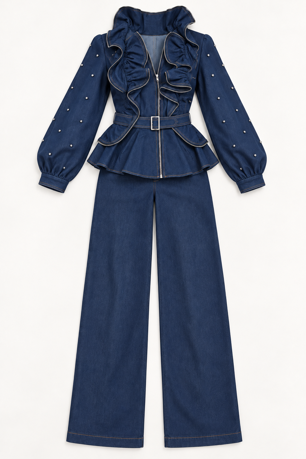Women’s Navy Denim Ruffle Jacket & Pants Set – Size 24W