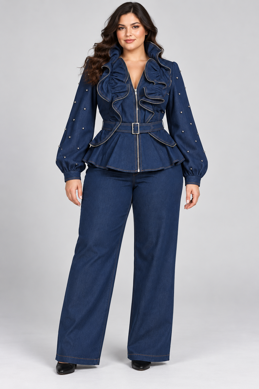 Women’s Navy Denim Ruffle Jacket & Pants Set – Size 24W